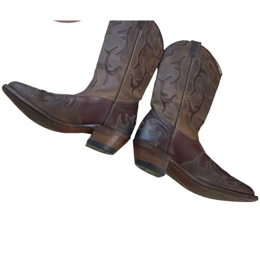 Boulet Western Cowgirl Boots 2 Tone Brown Leather Pull On Almond Toe US Size 7